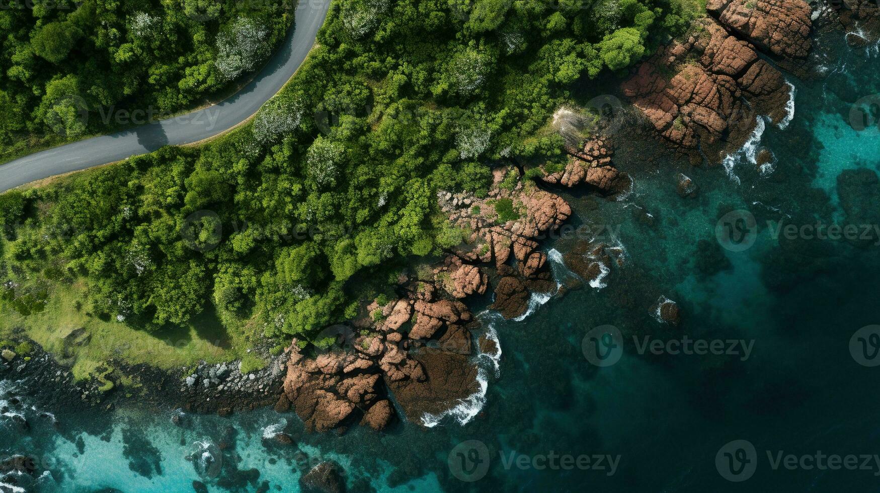 Generative AI, Aerial view of curved asphalt road near the ocean or sea, coastline photo