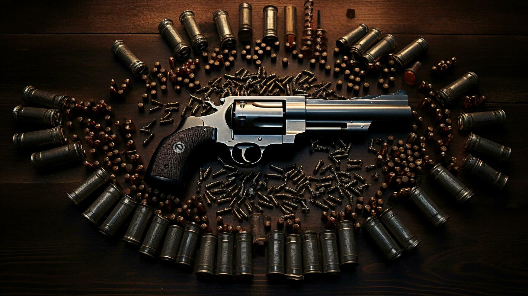 Generative AI, revolver gun with bullets isolated on wooden background, hand gun with ammunition, pistol military weapon photo