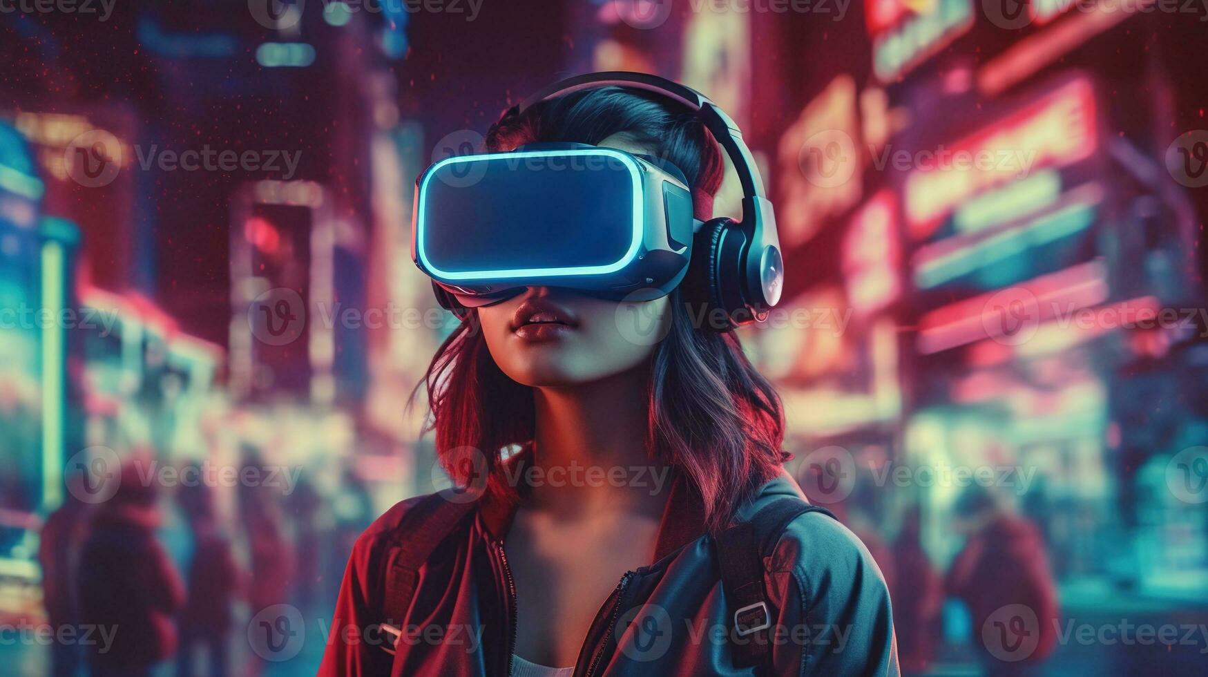 Generative AI, beautiful woman in VR glasses in neon space street, virtual reality headset  in cyberspace photo
