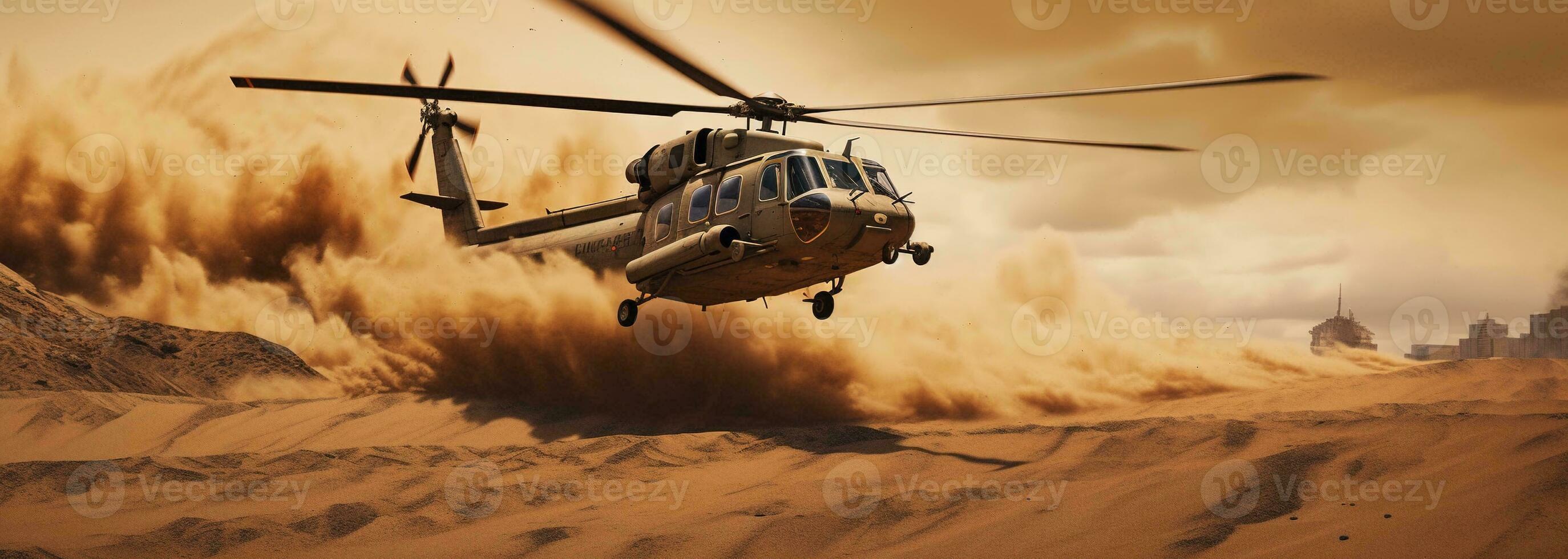 Generative AI, military helicopter takes off in thick dust clouds. photo