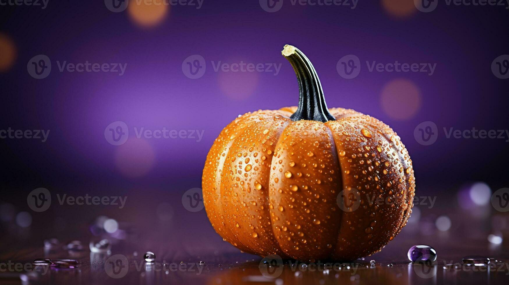 Generative AI, Halloween glitter background with pumpkin. Orange and violet colors, holiday concept with copy space photo