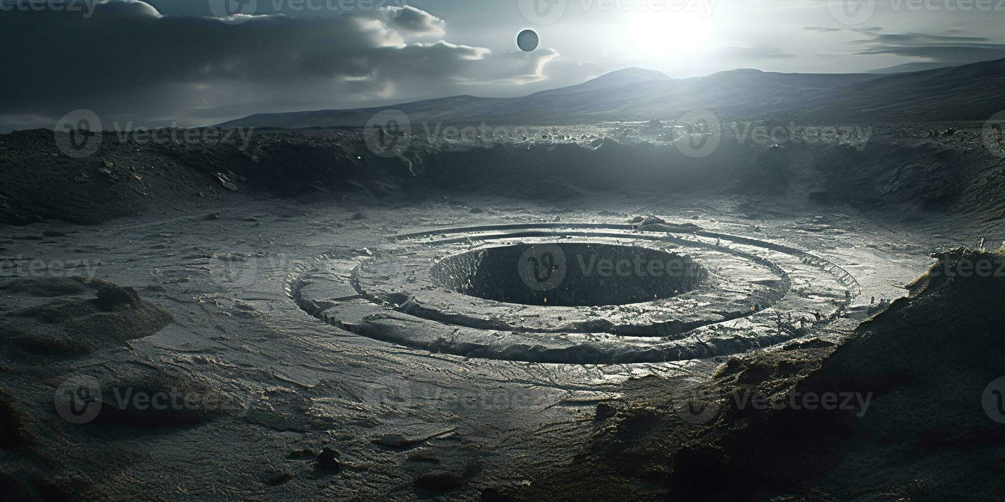 Generative AI, another alien planet surface relief, moon crater. Space background photo