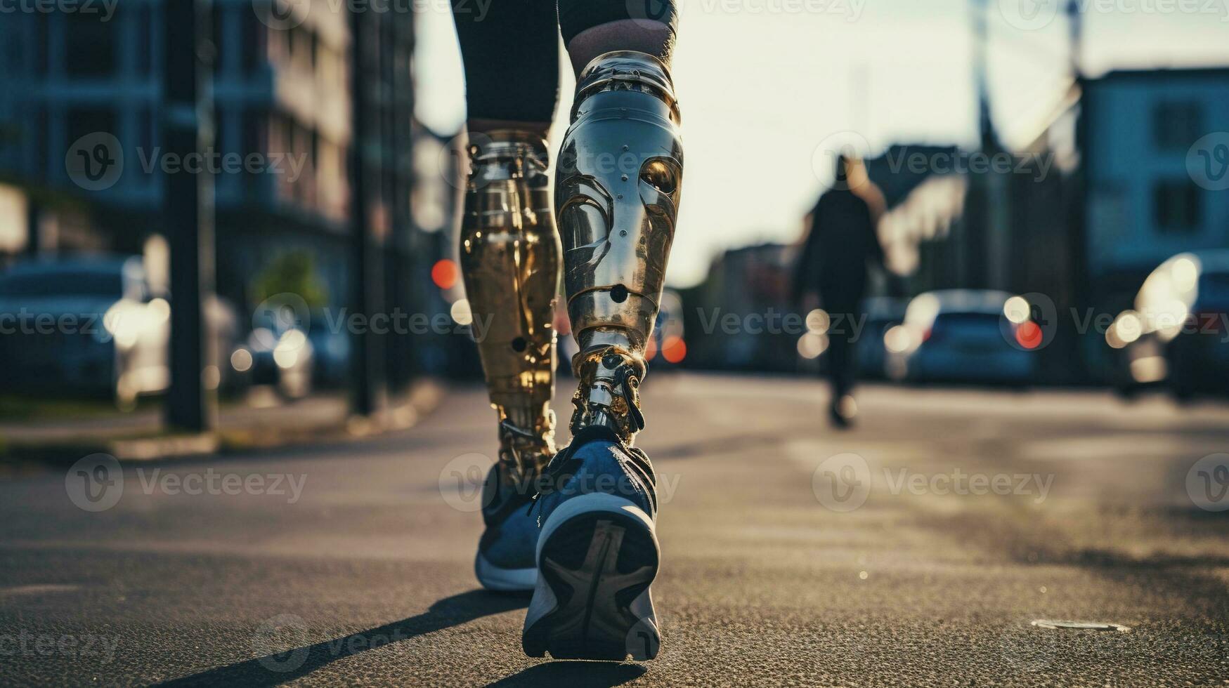 Generative AI, person with disability, prosthetic limb running and does not feel obstacles photo