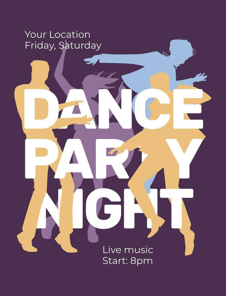 dance party night advertising poster, postcard. Silhouettes of dancing people on a dark background with large text. Vector flat illustration