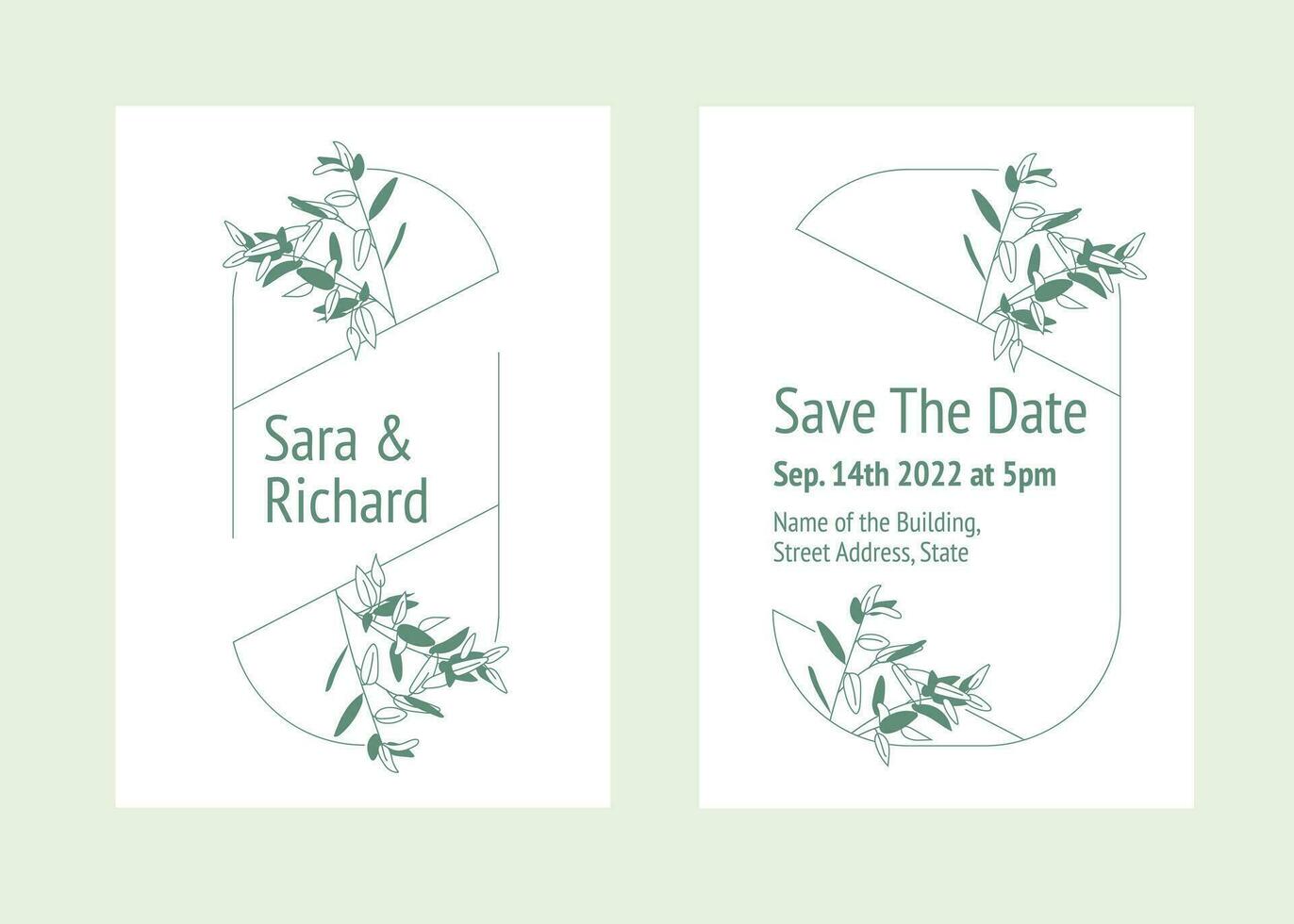 wedding card design in victorian retro or modern style. Clean two-tone design with plants. Vector flat illustration