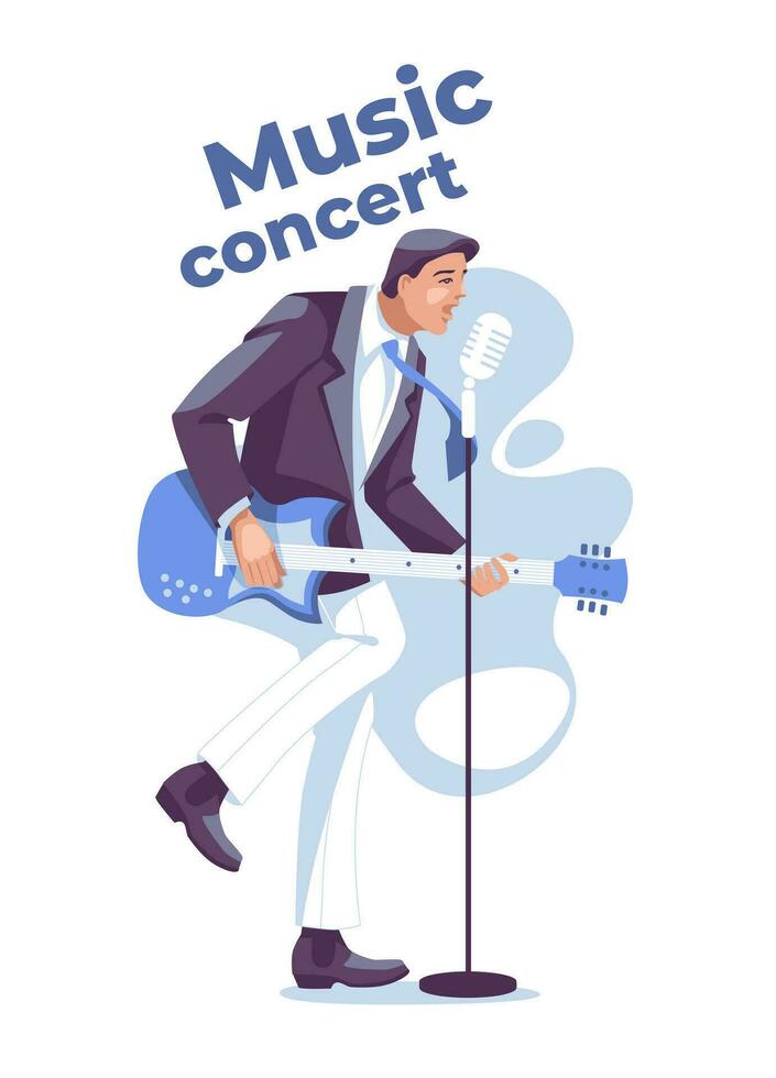 handsome young guitarist dressed in a suit singing into a microphone. Performance and musical show. flat vector illustration