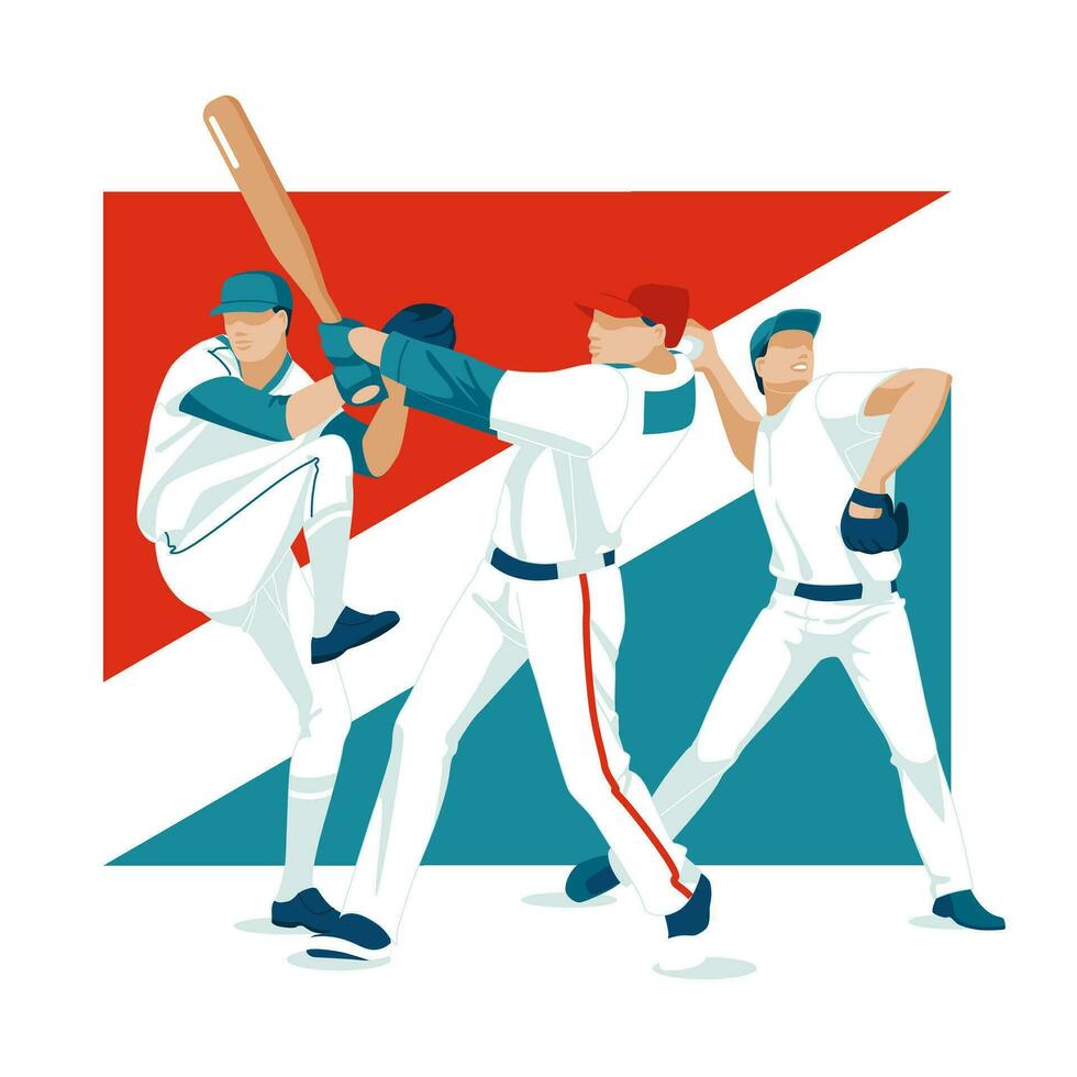 un jugadores de un béisbol equipo con murciélagos y guantes. el naturaleza de el Deportes juego. aislado en blanco antecedentes. vector plano ilustración. Estados Unidos bandera colores.