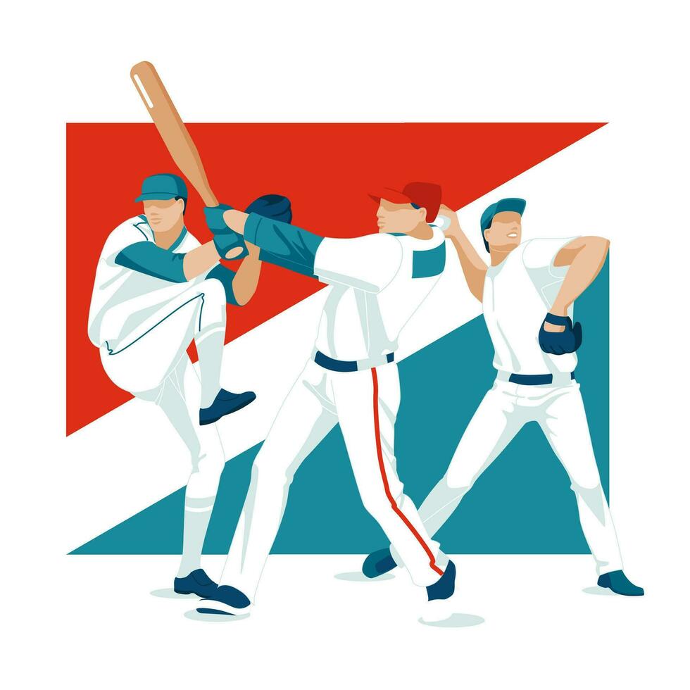 A players of a baseball team with bats and gloves. The nature of the sports game. Isolated on white background. Vector flat illustration. USA flag colors.
