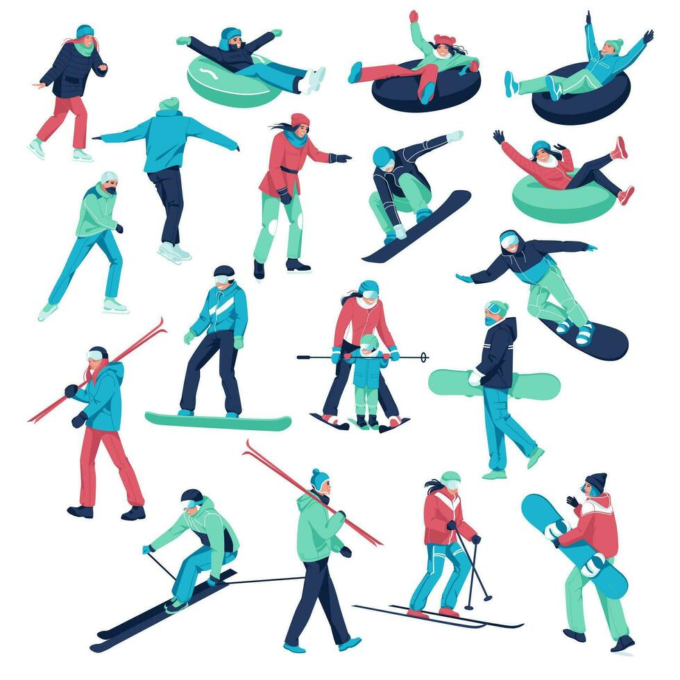 un grande conjunto de diferente caracteres vestido en invierno ropa para Snowboarding y esquiar. de los hombres y De las mujeres esquí tablas de snowboard, tubería y hielo Patinaje. invierno Deportes. vector