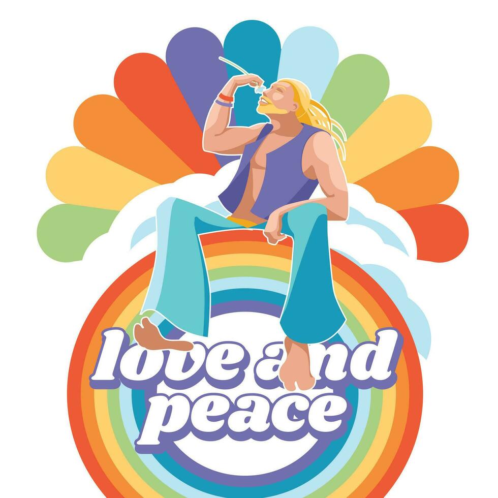 hippie man sitting on a rainbow with a flower. Peace and love lifestyle concept. Groovy. Vector flat illustration. Isolated on white background.