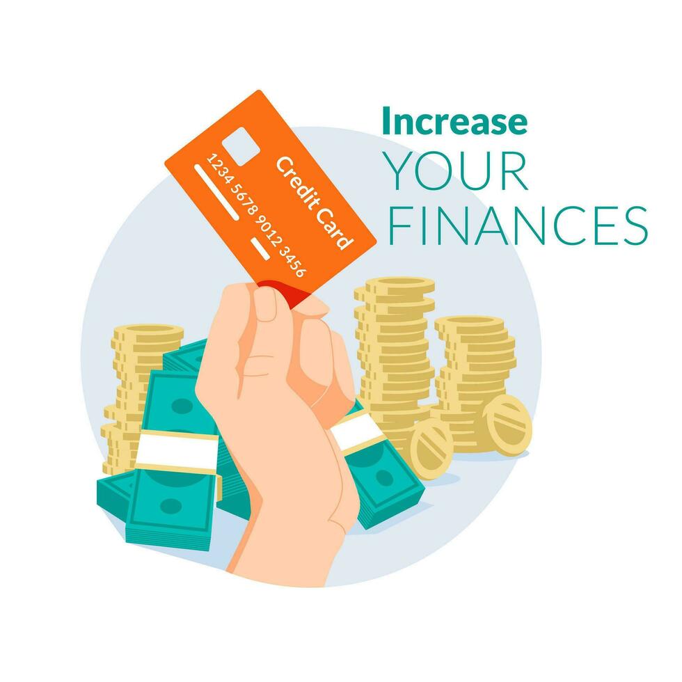 The concept of passive income. Increase your finances. The human hand holds a bank card. Stacks of dollars and coins in the background. Income growth concept. Flat vector illustration.