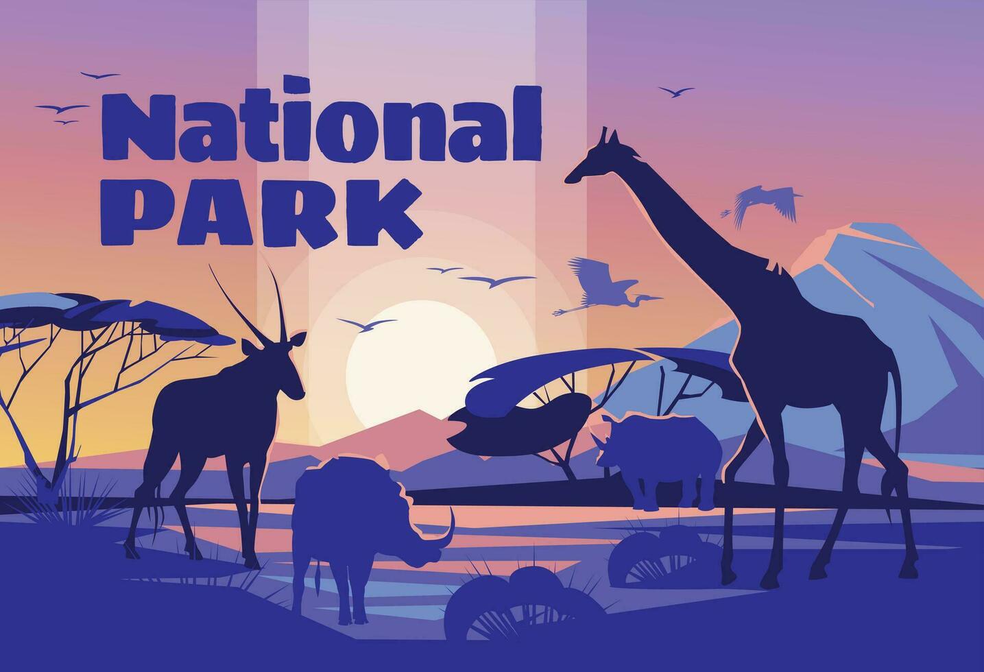 African savanna sunrise landscape with wild animal silhouettes. National Wildlife Park. Tourism and adventure. Vector illustration