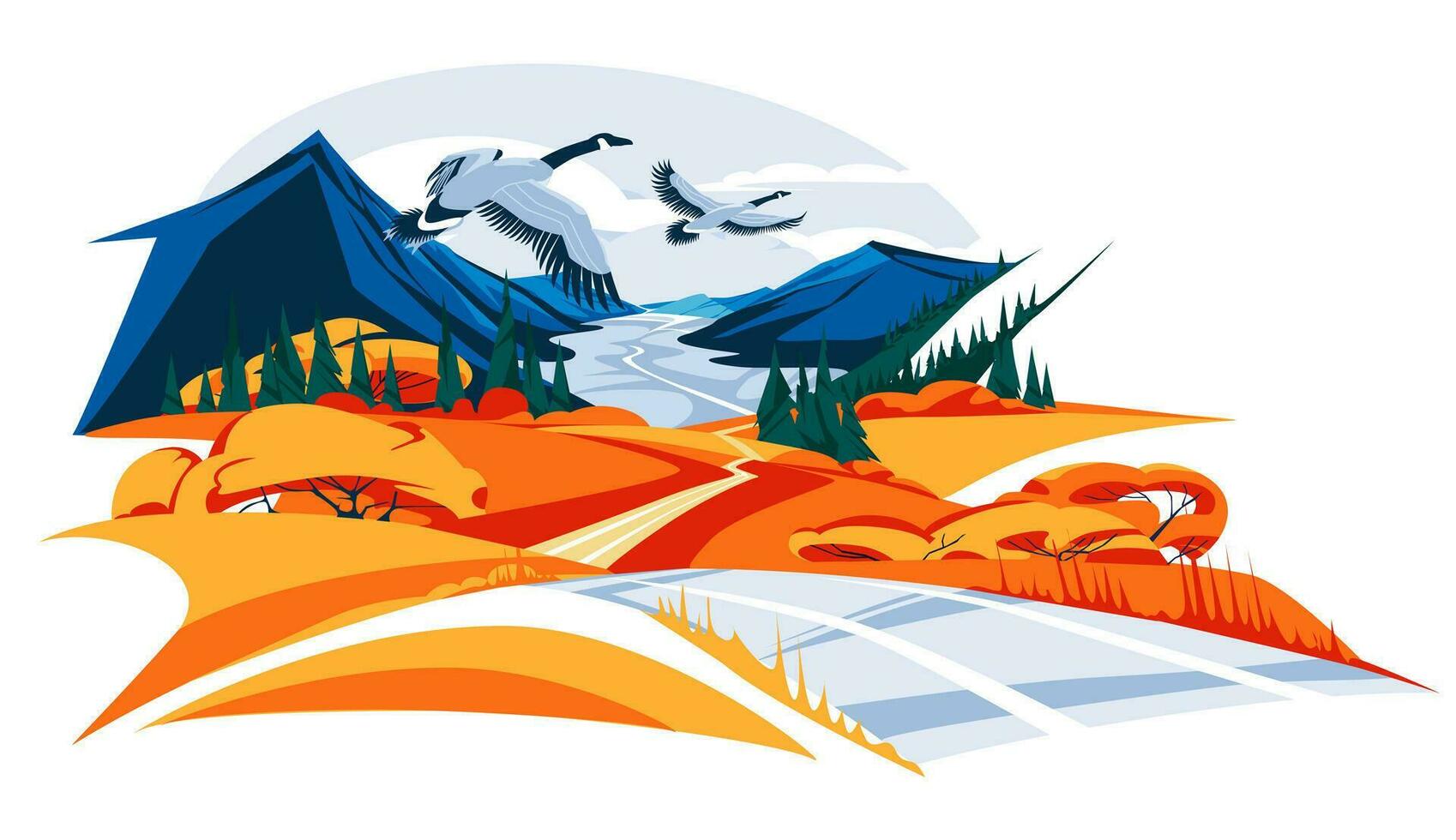 gansos mosca terminado el otoño prado en el montaña valle. la carretera mediante el sierras. conífero bosque. paisaje estaciones. plano vector ilustración