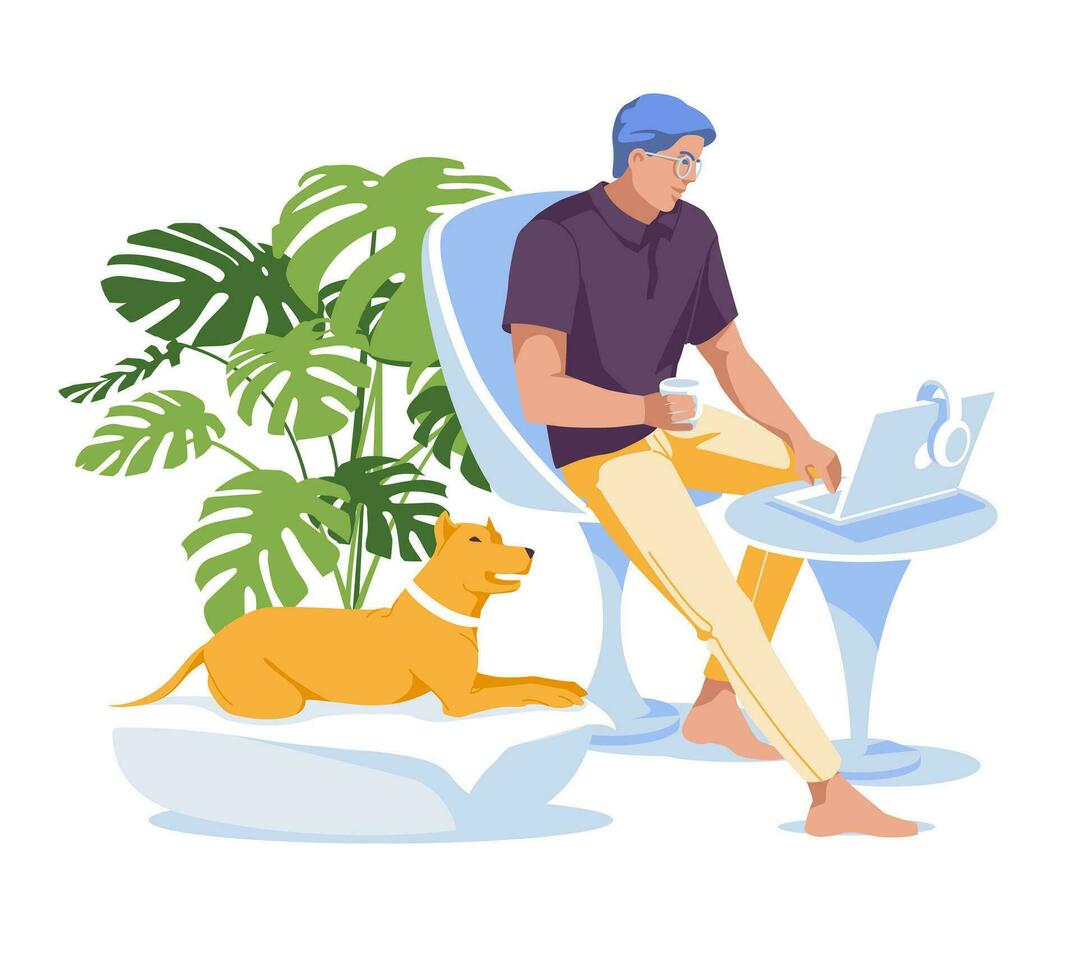 Young man studying at home using laptop. Huge books. Online education concept. Flat vector illustration