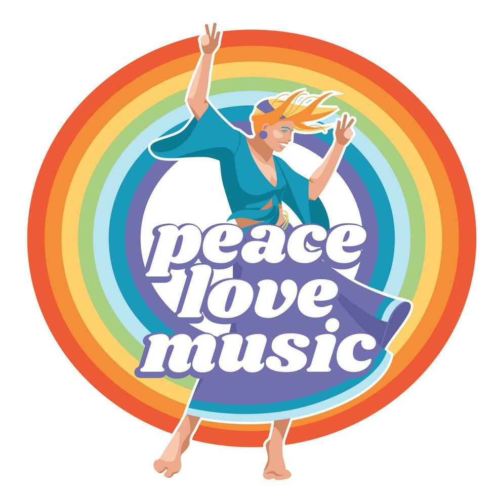 hippie gypsy dancing girl on rainbow background. Fun way of life, love and peace. vector flat illustration. Isolated on white background