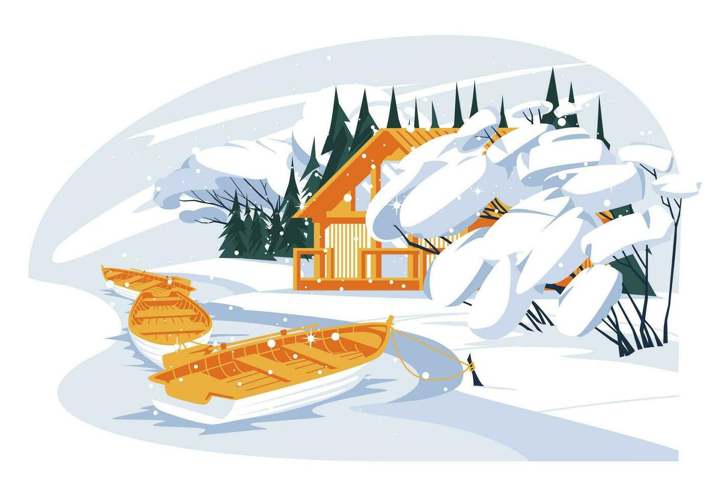 un de madera recreación casa en el río banco. acogedor invierno salida estacional paisaje. plano vector ilustración