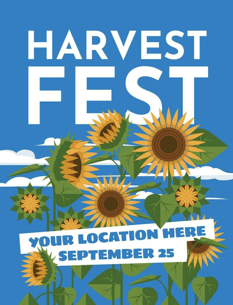 Style of geometric flat flowers. A field of sunflowers against a blue sky. Text advertisement for harvest festival, local natural food and agriculture market. Vector illustration