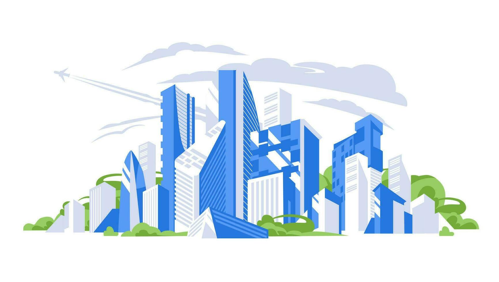 Blue and gray cityscape background. City buildings with trees. Urban landscape. Modern architectural panorama in flat style. Vector illustration horizontal wallpaper