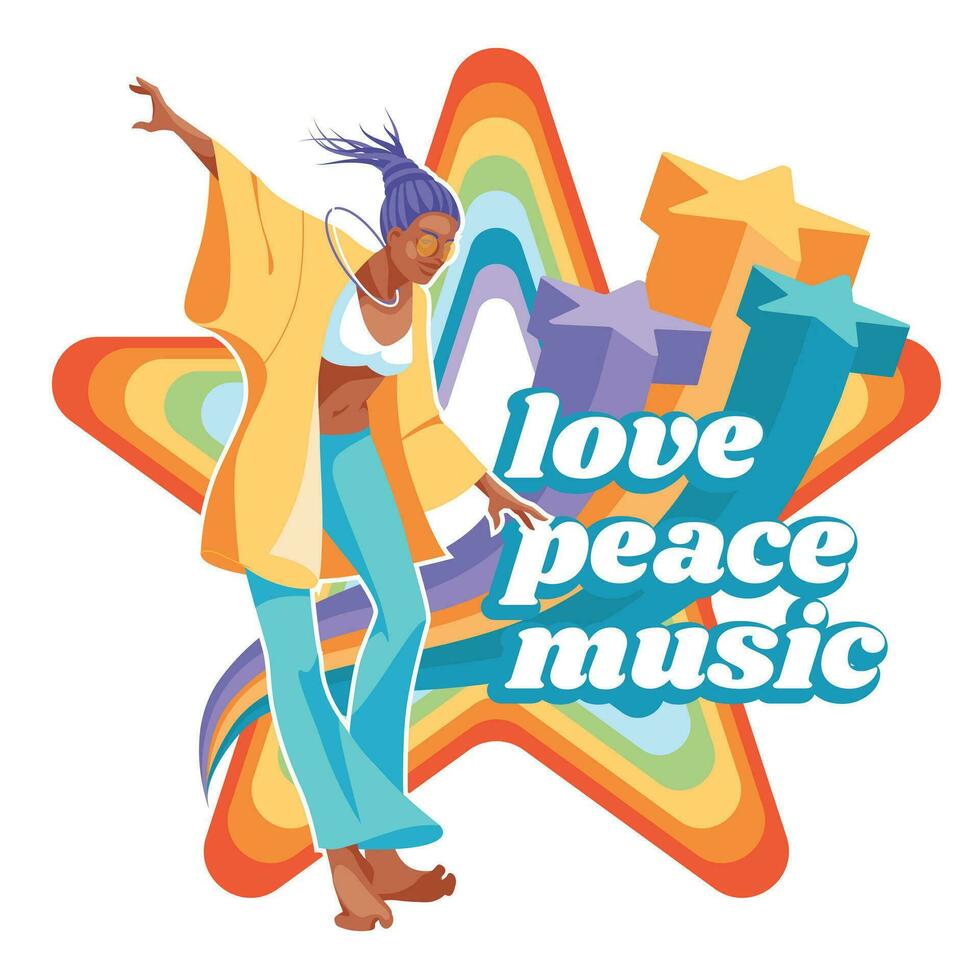 hippie girl dancing on the background of rainbow stars. Groovy, love, peace lifestyle concept. Isolated on white background. Vector flat illustration