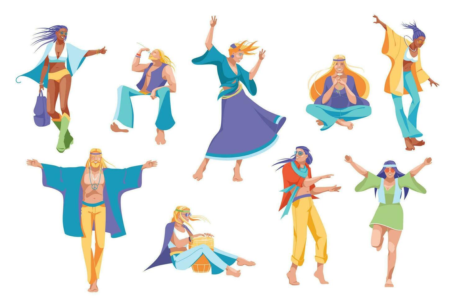 set of hippie people characters isolated on white background. Wonderful, love and peace. Vector flat illustration