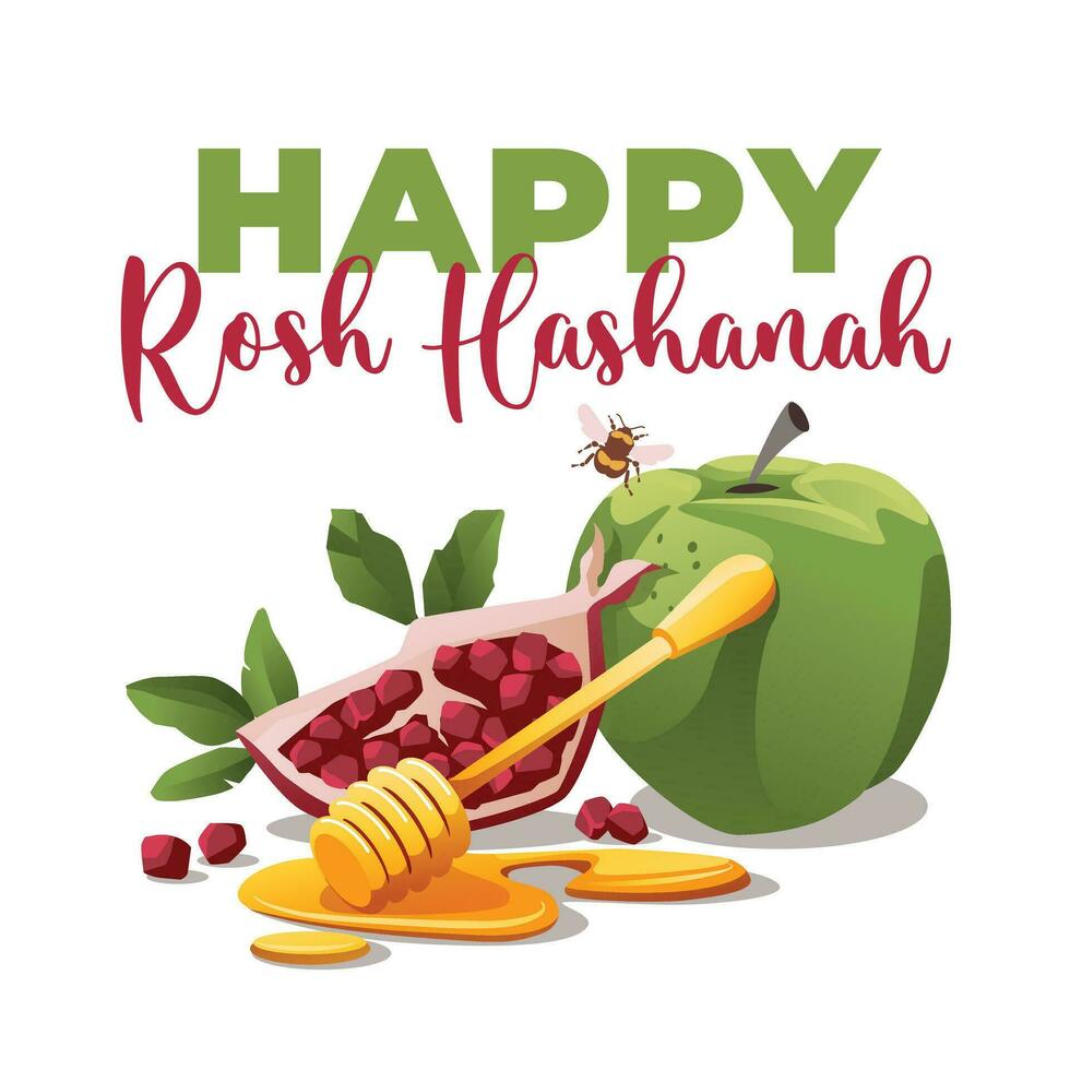Rosh Hashanah greeting card. Pomegranate fruit with leaves, green apple, bee on a white background. vector