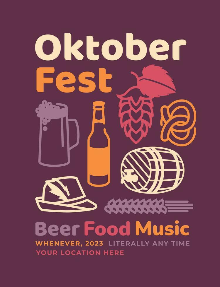 Oktoberfest poster. Linear symbols of the traditional holiday beer, barrel, cone of hops, ears of corn, pretzel, traditional German hunting cap. Set of design elements. Vector flat illustration