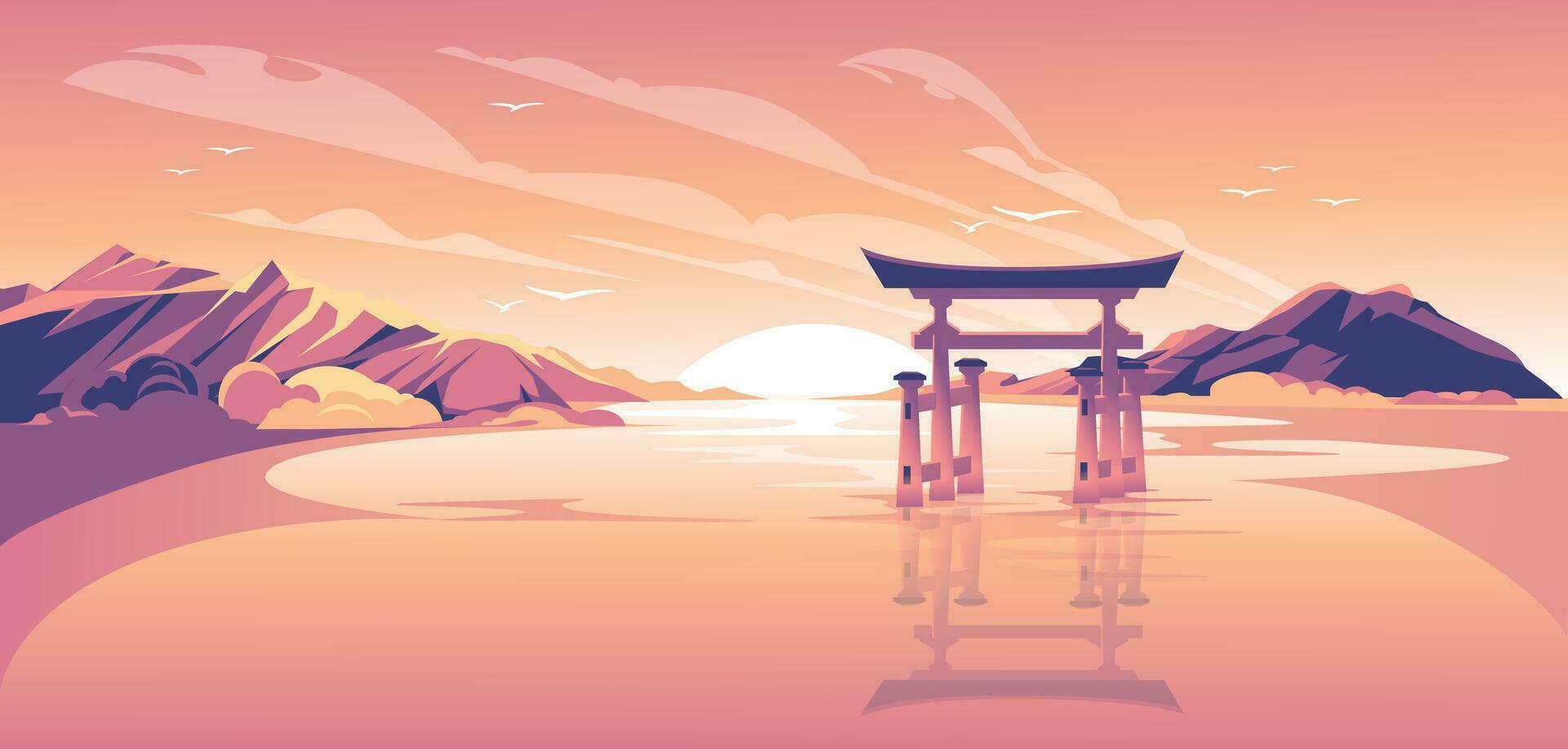 sunset landscape with japanese torii in water and mountains. Pink, orange and purple gradient. Vector illustration