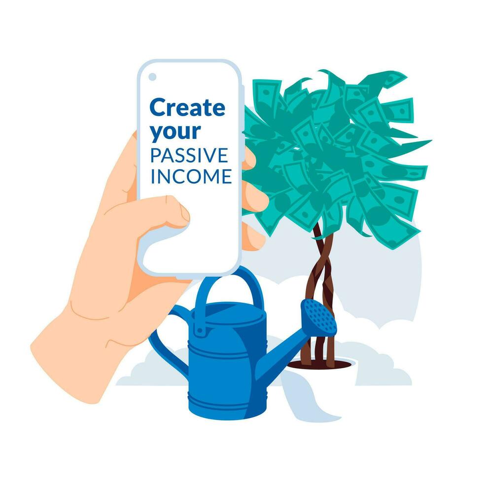 The concept of passive income. The human hand is holding a smartphone. Money tree and watering can in the background. Flat vector illustration.