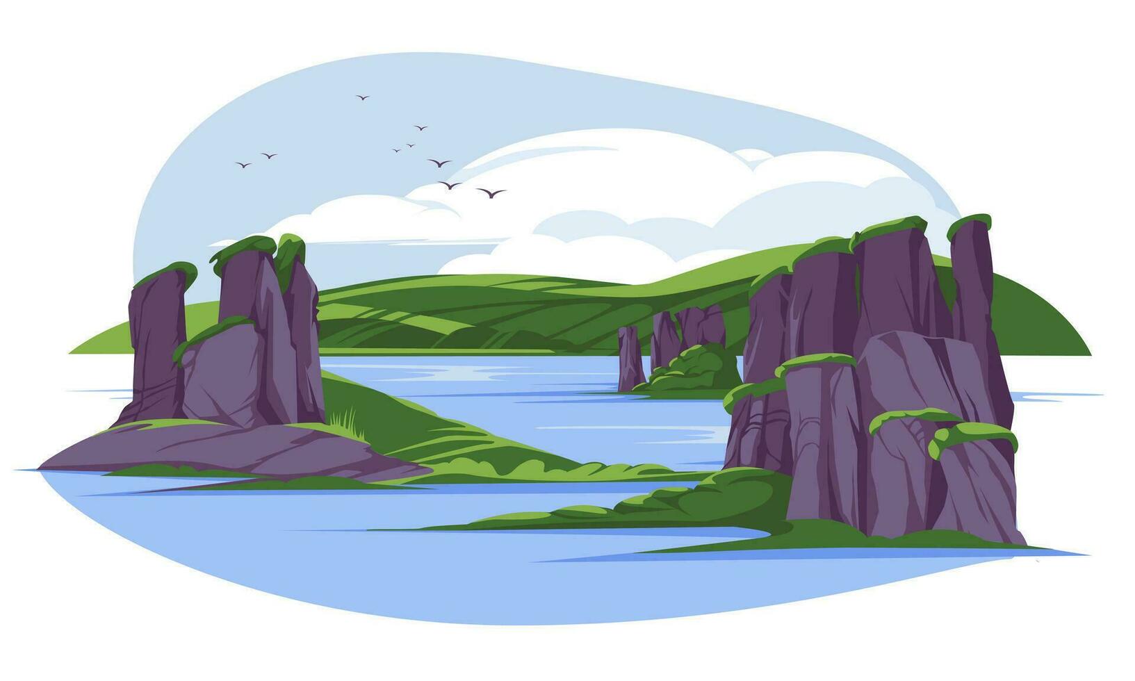 Skyline scenery outdoor space landscape with rock on water, summer, spring season. Flat vector illustration