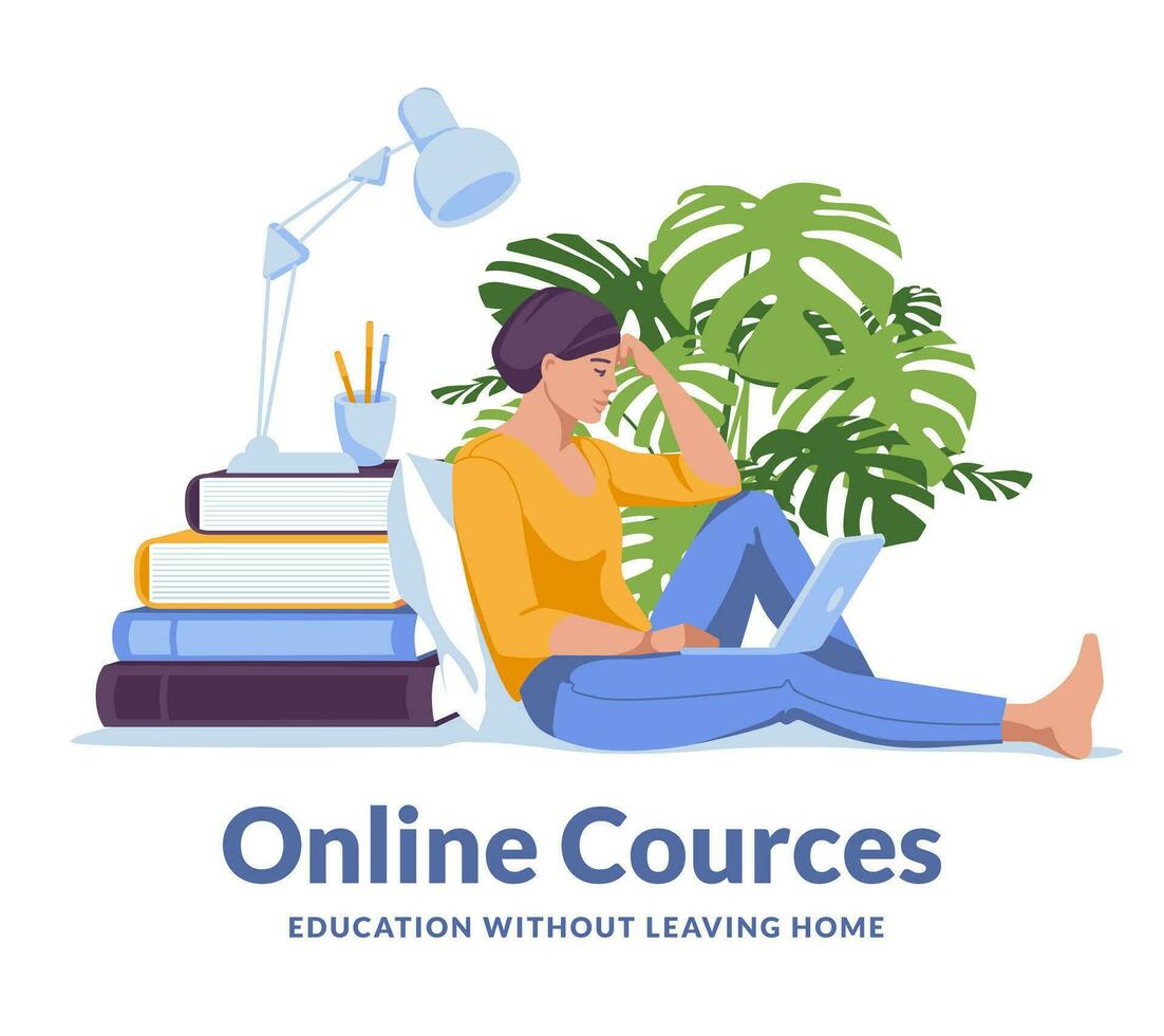 joven mujer estudiando a hogar utilizando ordenador portátil. enorme libros. en línea educación concepto. plano vector ilustración