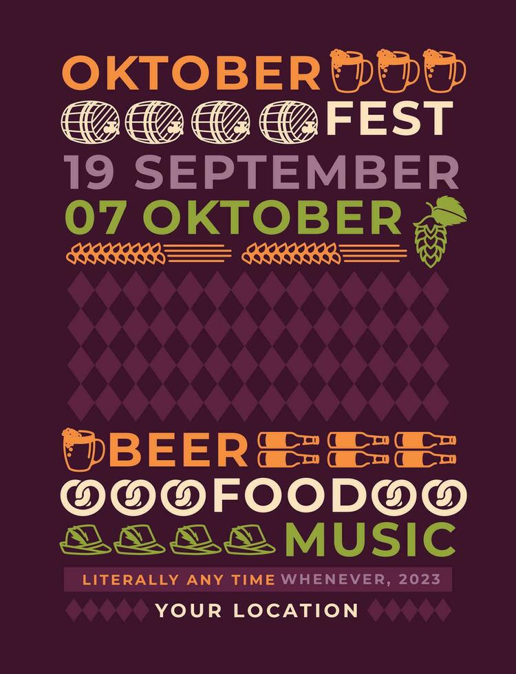 Oktoberfest poster. Linear symbols of the traditional holiday beer, barrel, cone of hops, ears of corn, pretzel, traditional German hunting cap. Set of design elements. Vector flat illustration