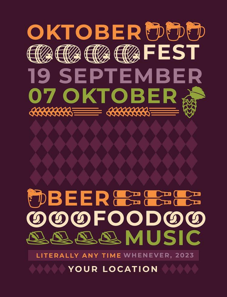 Oktoberfest póster. lineal símbolos de el tradicional fiesta cerveza, barril, cono de lúpulo, orejas de maíz, galleta salada, tradicional alemán caza gorra. conjunto de diseño elementos. vector plano ilustración