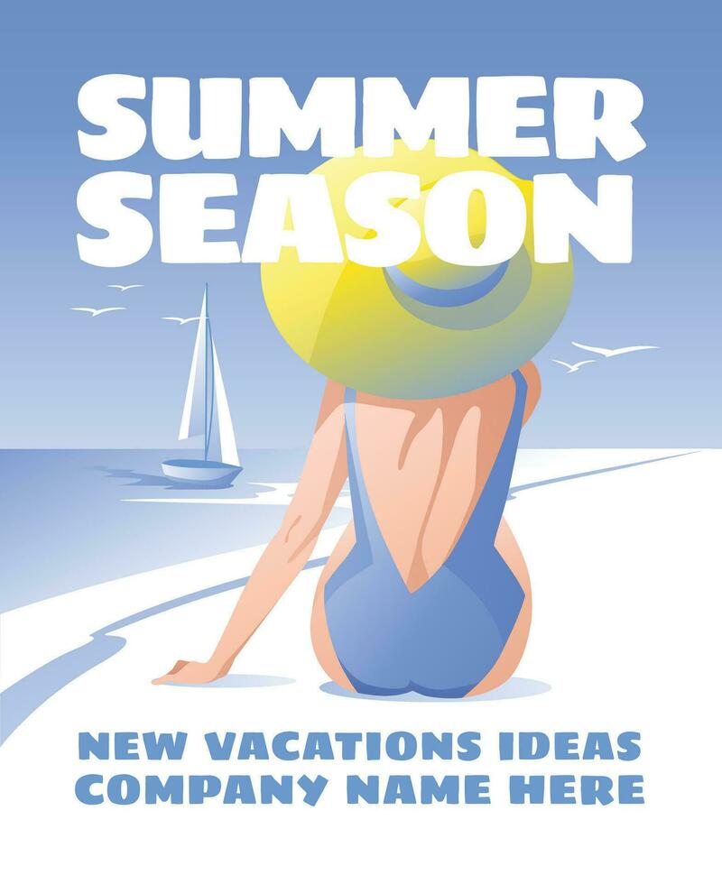 A girl wearing a swimsuit and a summer hat is sitting on the beach. Seashore with a yacht. Vector illustration. Vacation, summer and beach vacation.