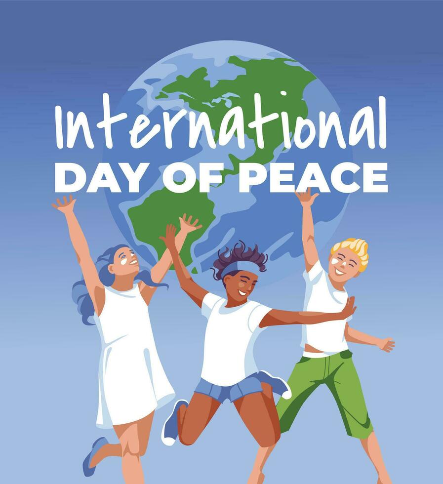 Poster for Peace Day three children in white clothes jumping on the background of a large globe. Vector flat illustration