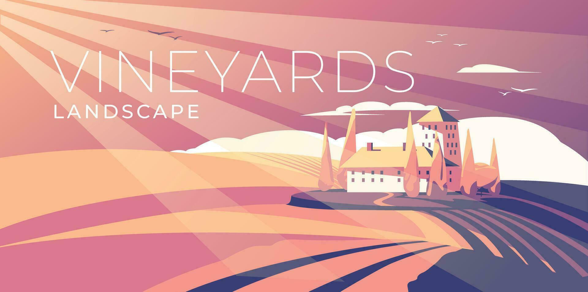 vineyards farm landscape sunset pink light. The concept of wine production. Vector illustration