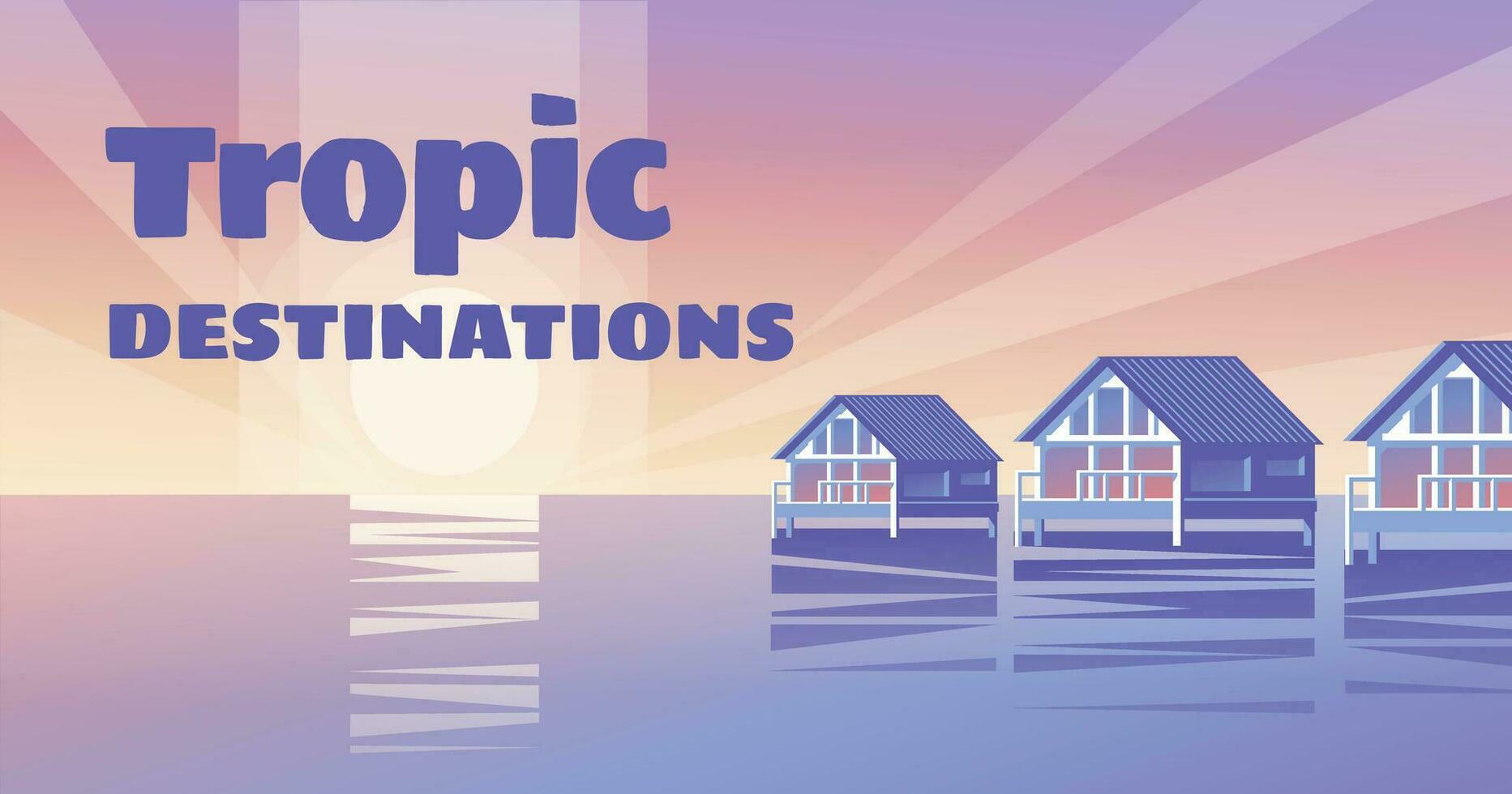 tropical wooden houses on the water. Sunrise and reflection. Destination of travel and accommodation on vacation. Vector illustration