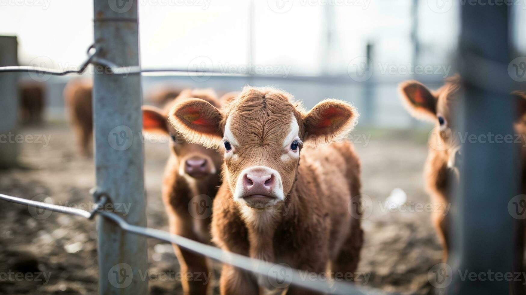 generativo ai, pequeño terneros mirando a el cámara en un granja, bebé vacas foto