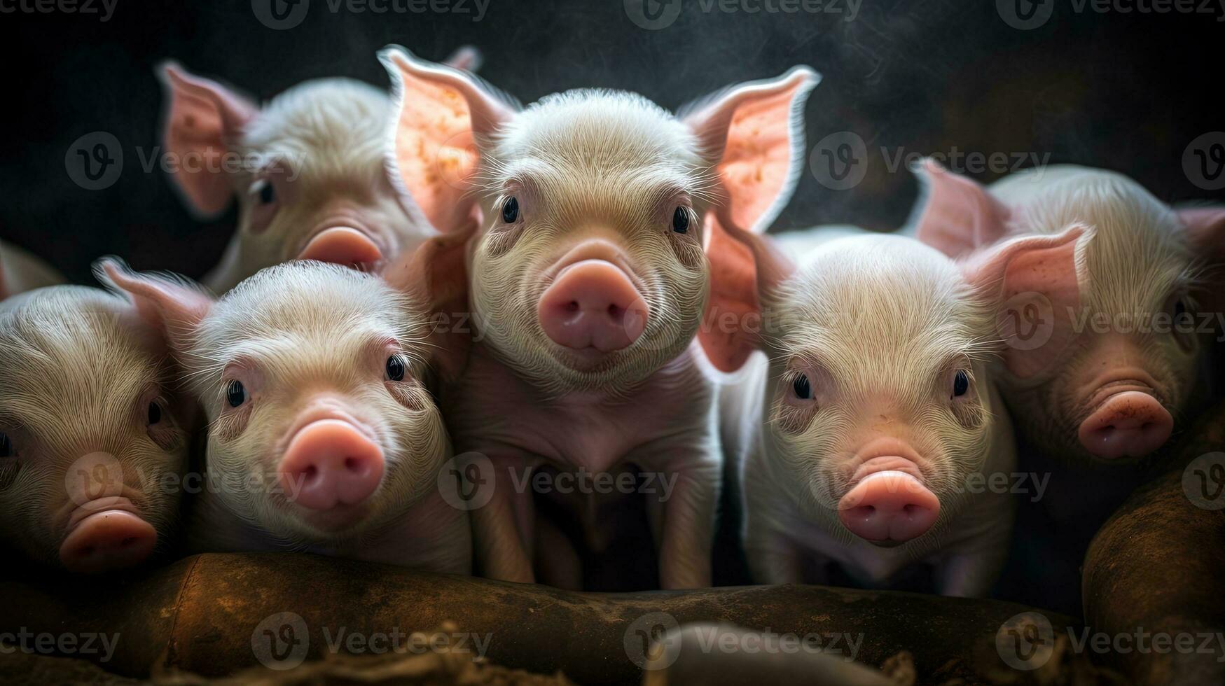 Generative AI, little pigs looking at the camera on a farm photo