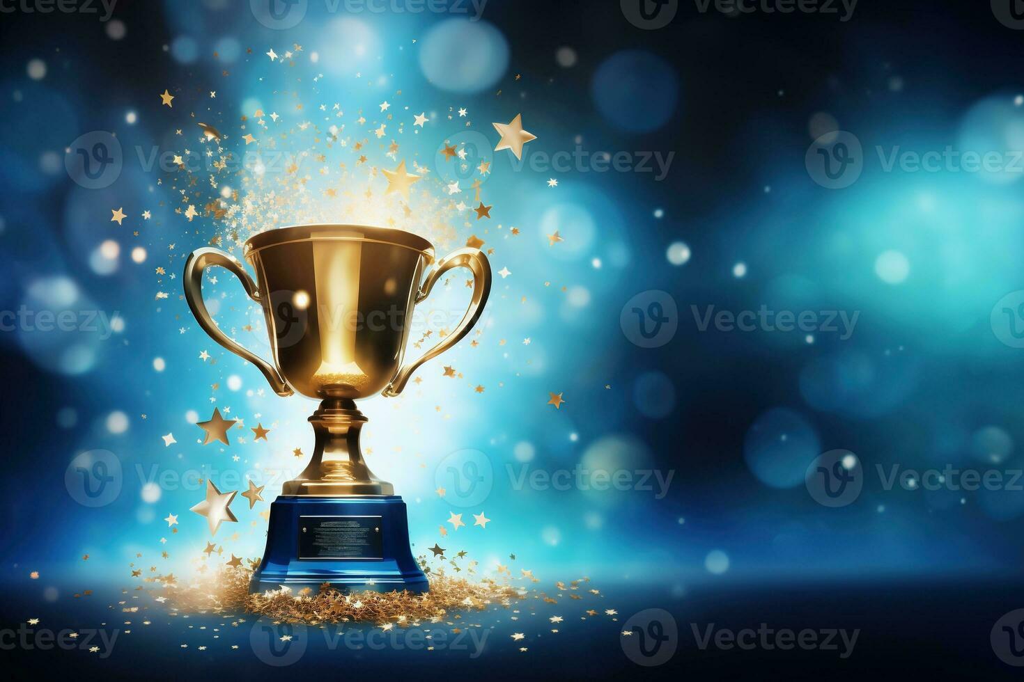 Generative AI, Winner trophy with flames, blue golden champion cup with falling confetti on blue background. photo
