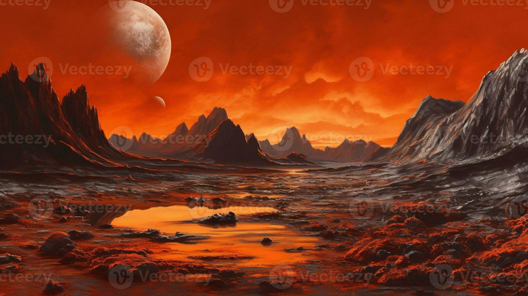 Generative AI, Surreal view from the orange planet landscape, sci-fi illustration, red martian terrain. photo