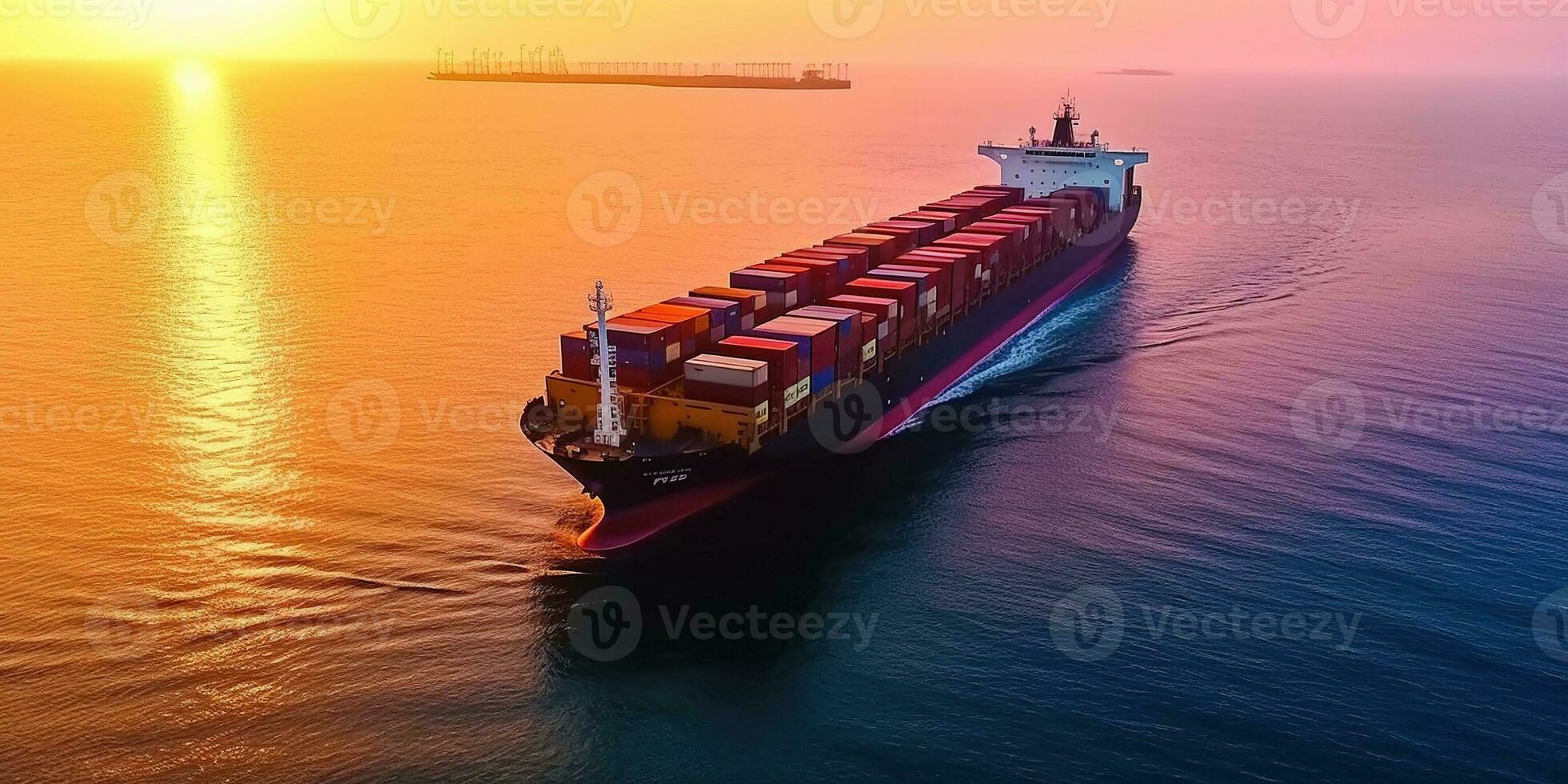 Generative AI, container ship in import export and business logistic. Aerial view, water transport, cargo shipping in open sea. photo