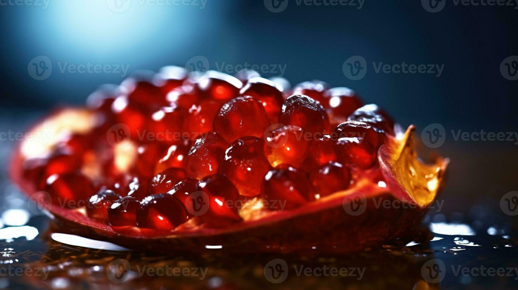 Generative AI, Macro Fresh Juicy half of pomegranate fruit background. Closeup photo