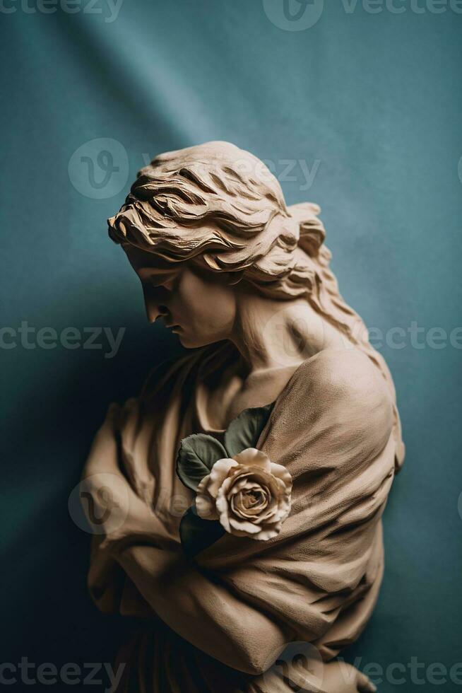 Generative AI, Photorealistic antique sculpture and flowers, muted neutral colors, 3d style ceramic statue photo