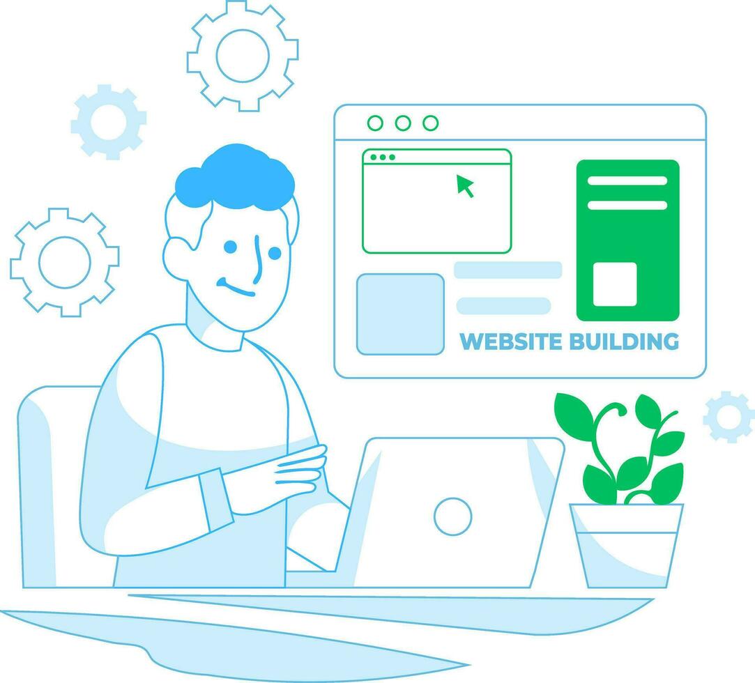 Illustration of a flat building a website. Business team working together on web page design. People building website interface on computer. Concept of website builder, development, teamwork. vector