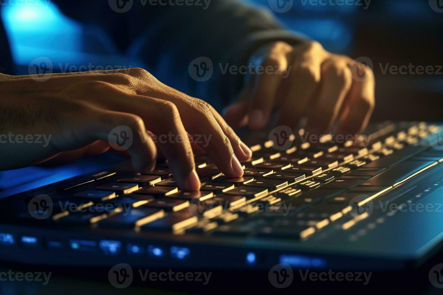 Generative AI, Typing on keyboard closeup, shot hands using laptop computer and internet photo