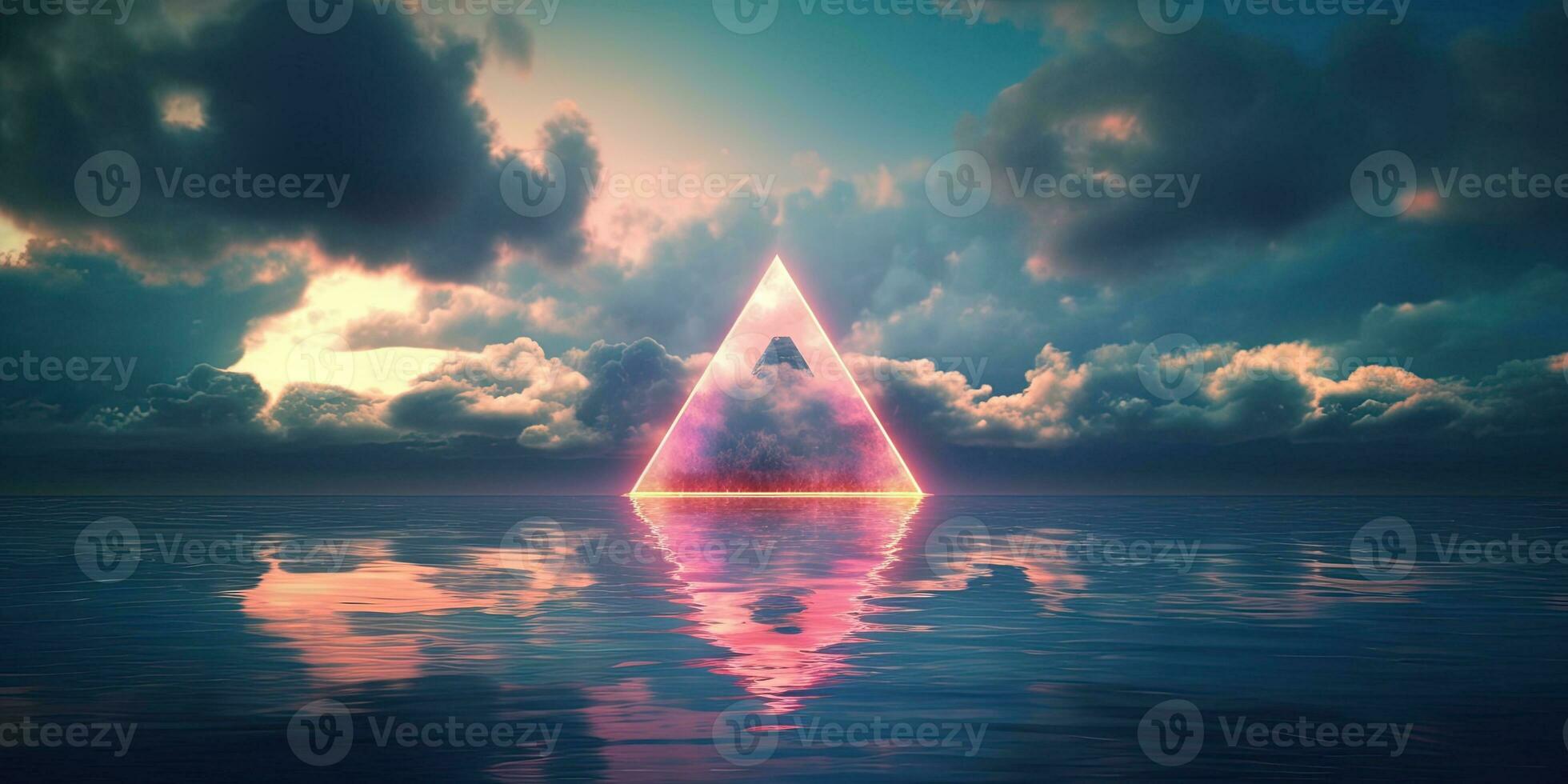 Generative AI, abstract geometric background, clouds, sea and glowing neon triangular frame. Minimal futuristic seascape with reflection in the water. photo