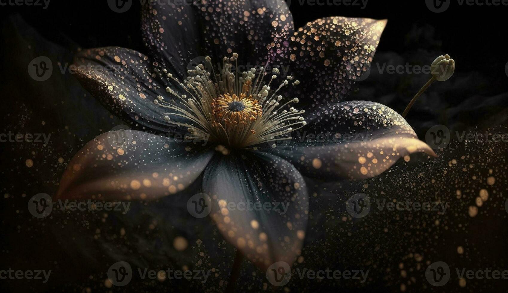 Generative AI, Close up of blooming flowerbeds of amazing black flowers on dark gothic moody floral textured background. Photorealistic effect photo
