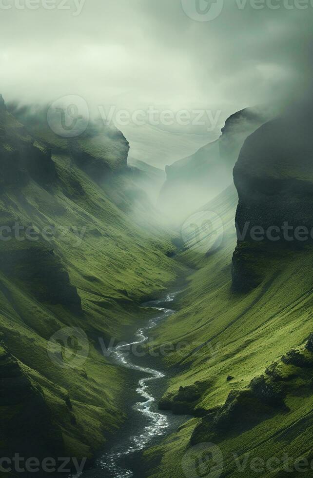 Generative AI, scenic green hills in the clouds, beautiful nature landscape aerial panorama, mountains, aerial photography photo