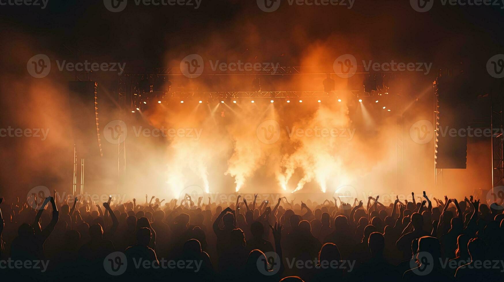 generativo ai, personas multitud en música rock festival concierto en estadio, grande etapa iluminado por focos foto