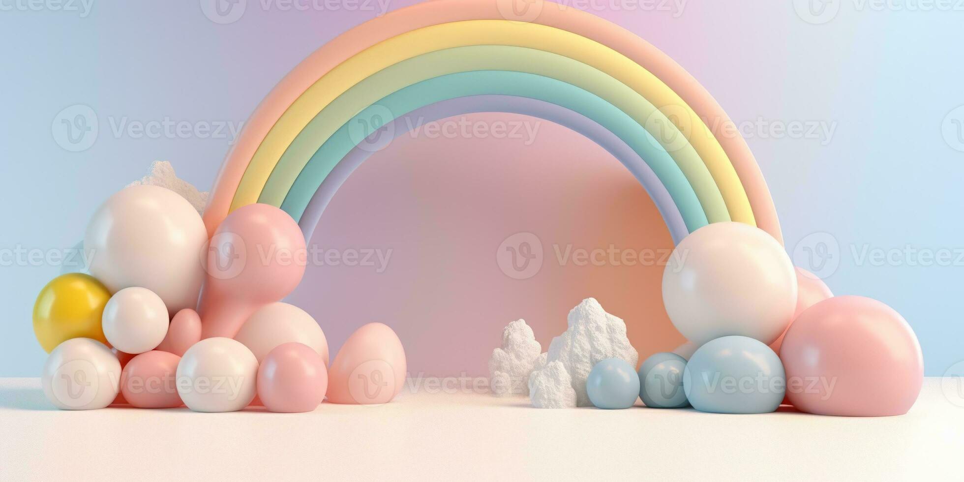 Generative AI, rainbow and colorful balloons. Birthday party 3d background. Mockup, template for greetiing card photo